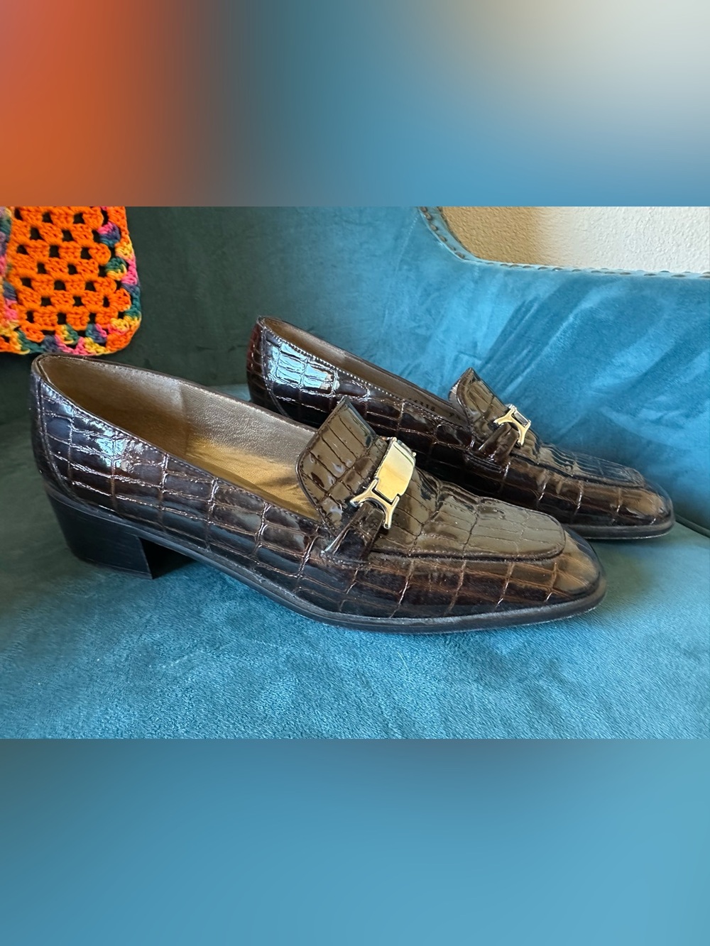 Stuart Weitzman Brown Croc Embossed Horsebit Loafer Heels 9.5 AA - Picture 2 of 16